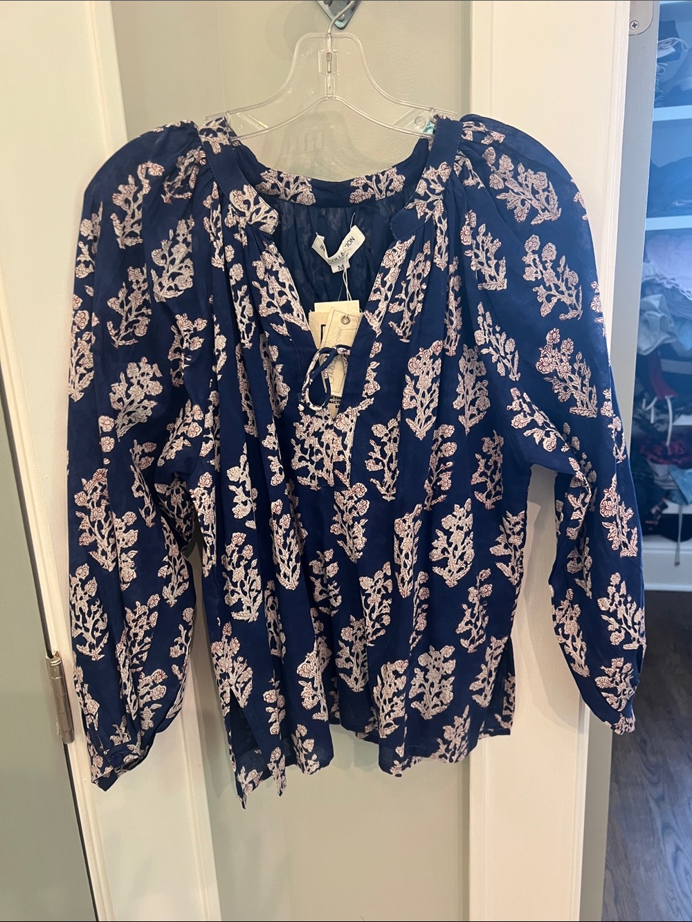 Emerson Fry Navy Floral Tie-Neck Peasant Blouse